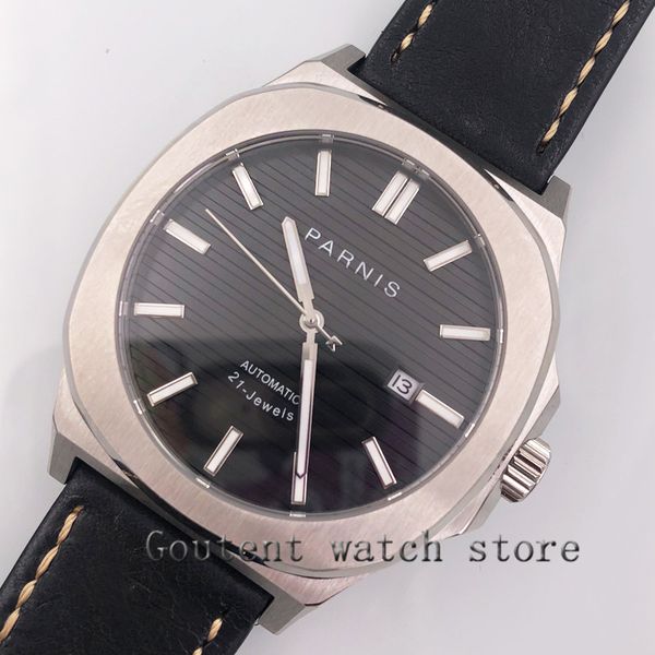 

45mm miyota 821a date day window black dial automaticmovement mens watch, Slivery;brown