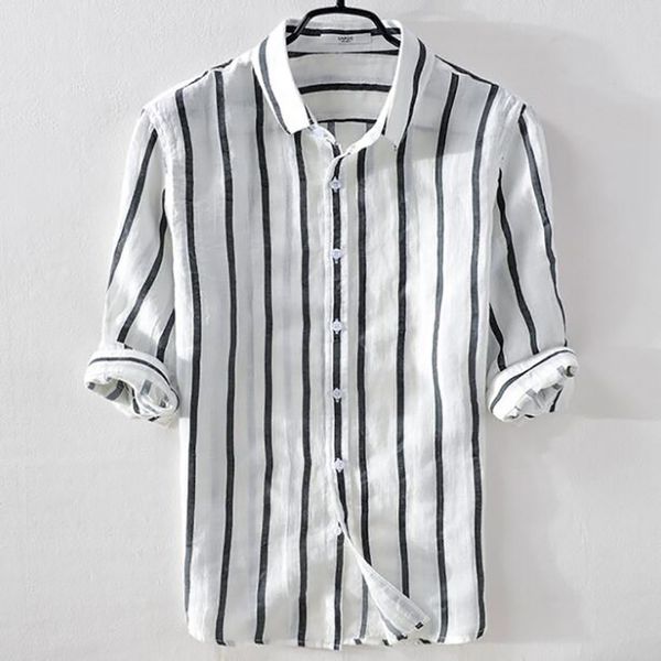 2019 Summer Linen Men Shirt Casual Fashion White Stripes Shirts