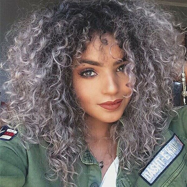 

fashion ombre brazilian human hair 1b gray kinky curly virgin human hair full lace wig for black ing, Black;brown