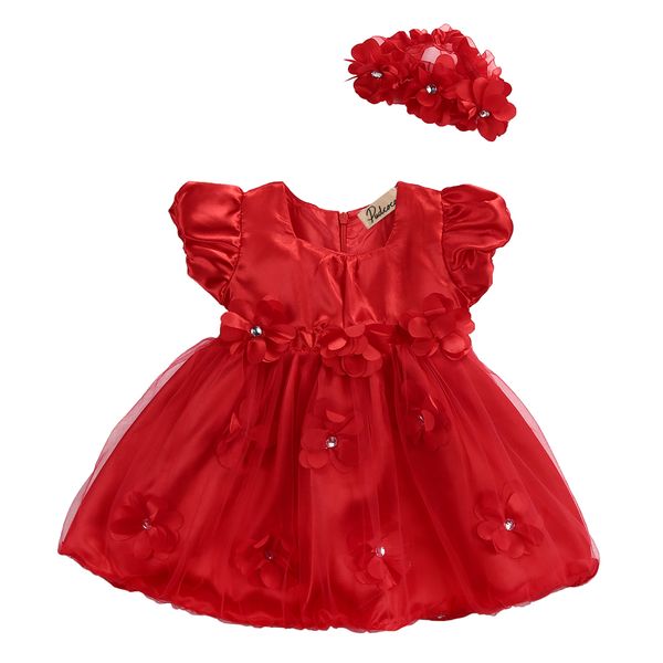

toddler kid baby girl dress flower princess wedding party pageant tulle tutu dresses headband girls summer 2018 short sleeve, Red;yellow