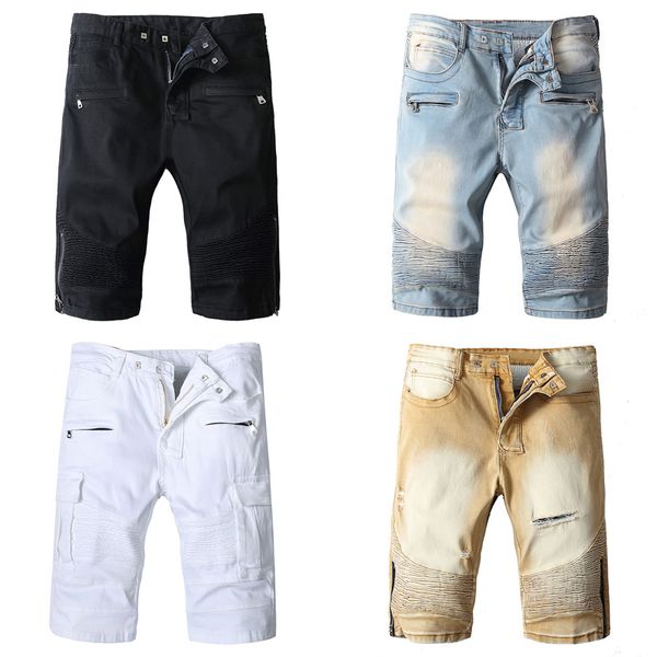 

summer fashion men's jeans shorts high street punk style denim shorts black white blue khaki color hip hop short biker jeans men