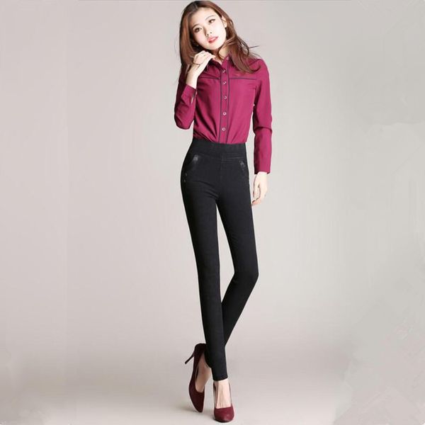 

spring autumn europe russia women elastic high waist softener denim jeans panelled lady casual slim black trousers big lmitation pants, Blue