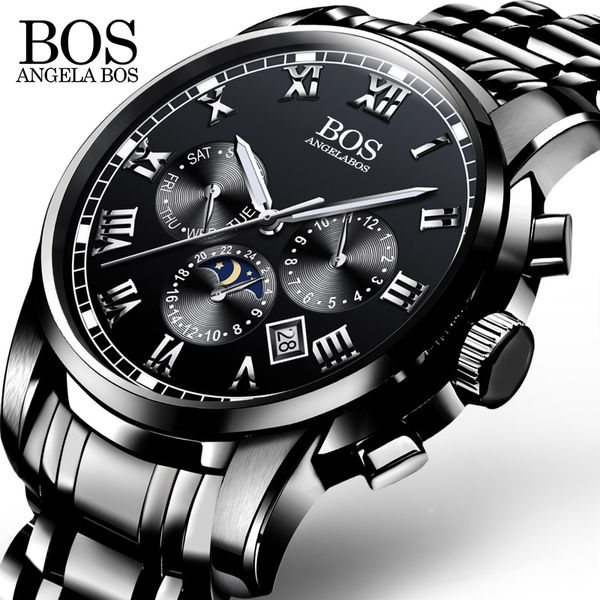 

brand angela bos date week month sub dial work waterproof luminous steel mens watches luxury men's quartz wristwatch, Slivery;brown