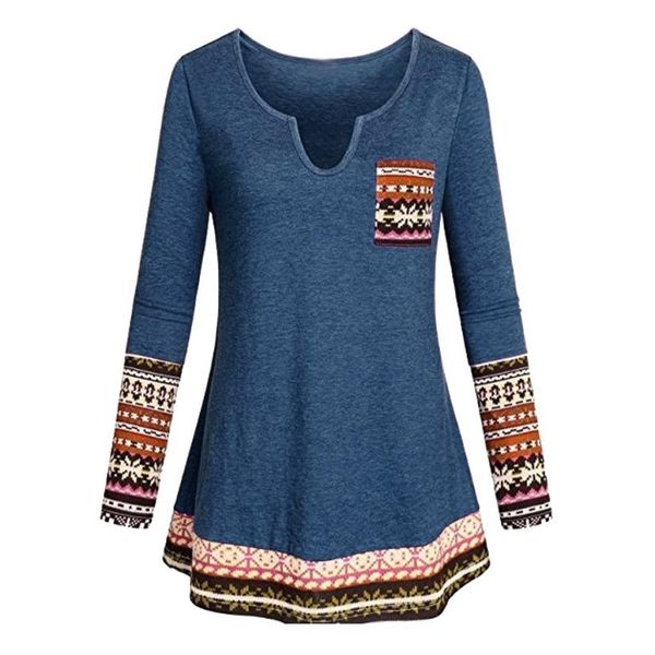 

chemisier womens fashion 2018 autumn women's v neck long sleeve boho patchwork tunic shirt with pocket blouse #f, White