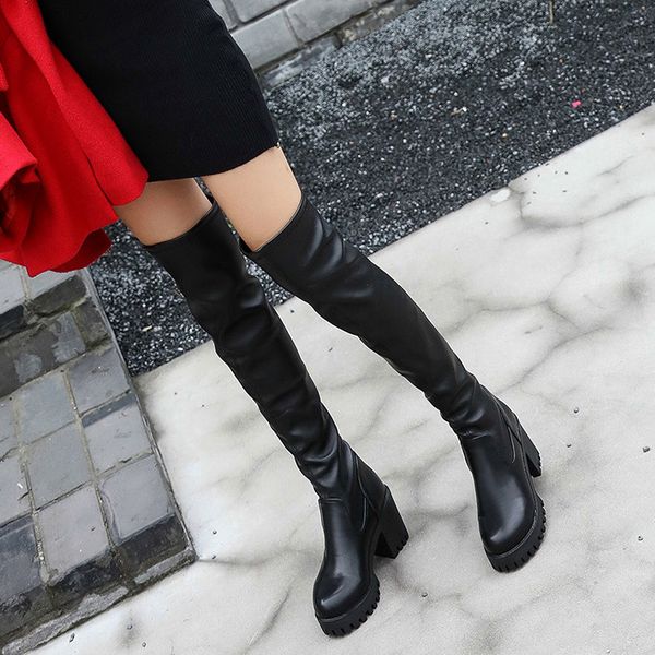 

2018 new women boots autumn winter ladies fashion pu leather boots shoes over the knee thigh high suede long, Black