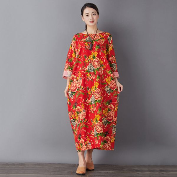 

women long retro cotton and linen dress, Black;gray