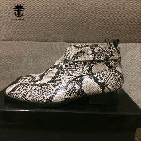 

handmade customized luxury python pattern buckle embossed genuine leather ankle boots men dress wedding personalized short boot, Black