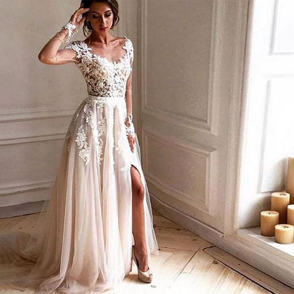 

gorgeous long sleeves illusion evening dresses sheer neck appliques lace tulle split side floor length prom dresses sweep train, Black;red