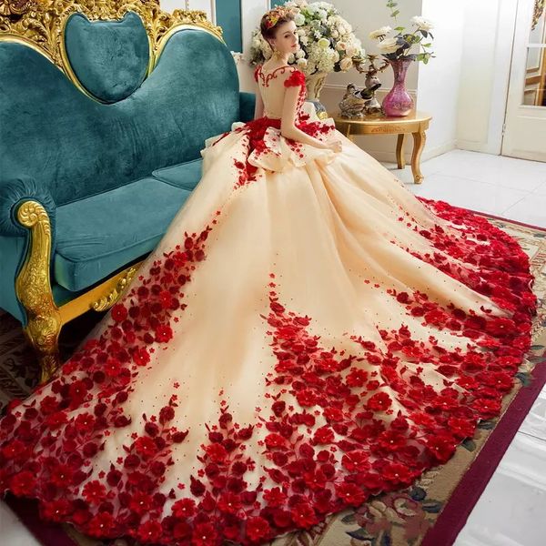 Abiti da sposa principessa romantica rossa Illusion Neck Con perline 3D-Appliques floreali Abiti da sposa con maniche ad aletta Splendido treno da cattedrale Wed248z