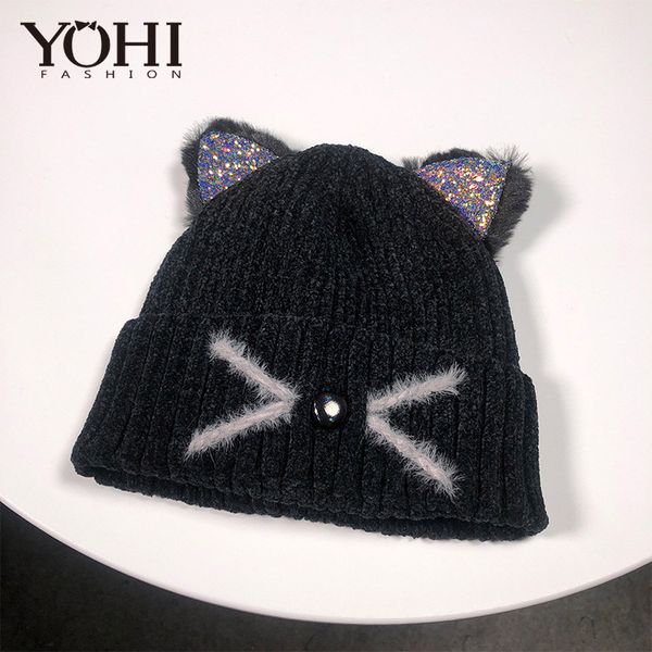 

new autumn and winter women's cute cat design knit hat outdoor warm knitted headgear soft beanie hat