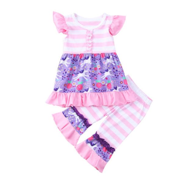 Горячая детская одежда для девочек Флаттер с рукавами единорога оборками платья топы + расклешенные брюки в полоску Летняя одежда для девочек для девочек Наборы для малышей
