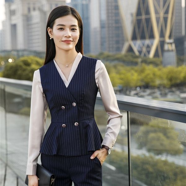 

formal women waistcoat & vest blue striped for ladies fashion office uniform styles work wear clothes, Black;white