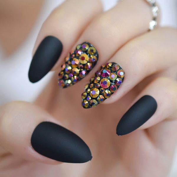 

3d pre-designed stiletto nails custom matte gold rose ab rhinestones shiny press on fingernails sharp nail tips black, Red;gold