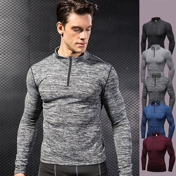 

Мужчины Quick Dry 1/4 Zip футболка с длинным рукавом Спорт топ спортивная мужчины фитнес