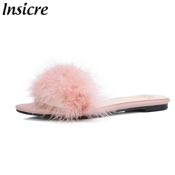 

insicre fashion full genuine leather women slippers large size 32-43 ostrich feather women summer shoes outside slides flat heel, Black
