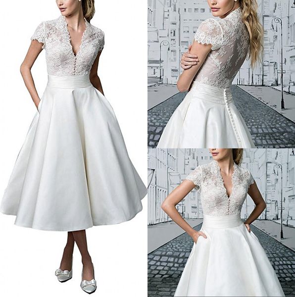 

retro lace a line short wedding dresses deep v neck tea length bridal gowns with short sleeve stain cotton back bride dress, White