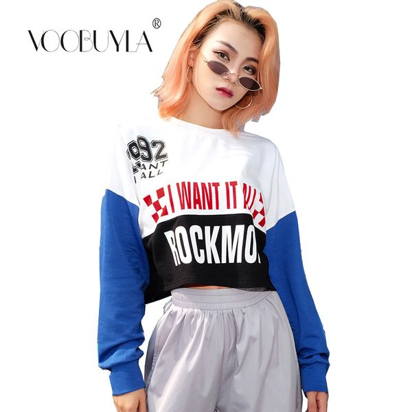 

voobuyla women cropped running jacket long sleeve sweatshirt ladies yoga sports jacket fitness gym patchwork print shirts coat, Black;red