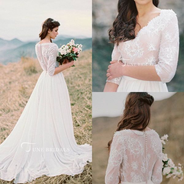 

богемия страна 2018 пляж свадебные платья v шеи кружева аппликация половина рукава дешевые шифон свадебные платья на заказ плюс размер, White