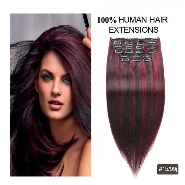 Set Indian Real Hair Clip In Human Hair Extensions Ombre Red Wine