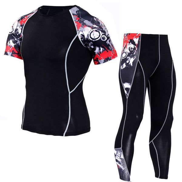 

yanqin gyms compression clothing sets short sleeve tees fitness leggings trendy print suits training exercise sets plus size 3xl, White;black