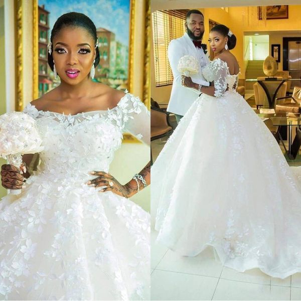 

2019 african 3d floral applique plus size wedding dresses off shoulder 1/2 sleeves court train bridal gowns ba9353