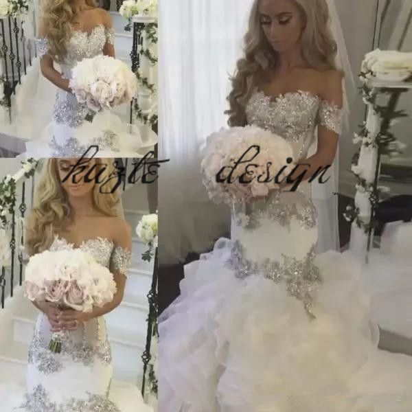 

off shoulder illusion mermaid wedding dress sparkly beaded crystals silver lace appliques bridal gowns ruffled beach wedding dress, White