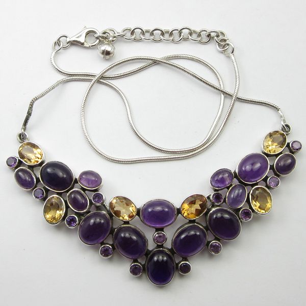 

pure silver round, oval amethysts, citrines fashionable necklace 18.3