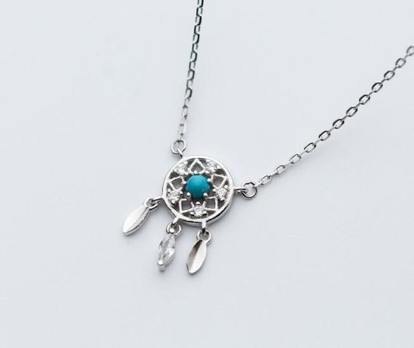 

authentic 100%real. 925 sterling silver fine jewelry blue turquoise stone dreamcatcher feather pendant necklace gtlx1757