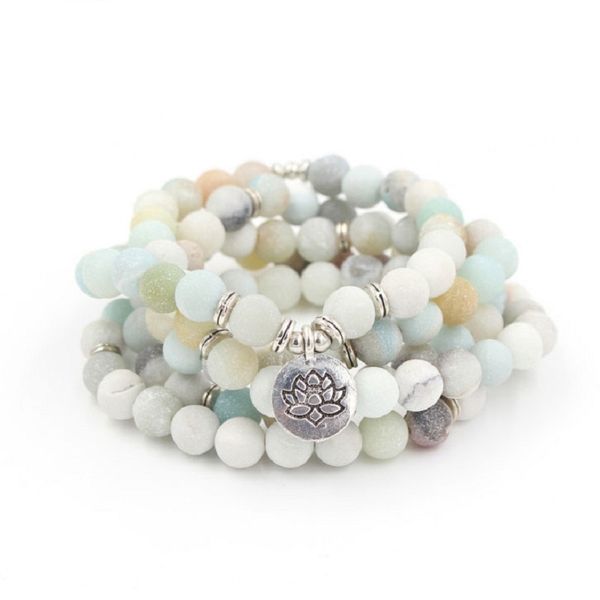 

new design summer women jewelry natural matte amazonite 108 mala beads bracelet or necklace lotus charm pendant yoga bracelet, Black
