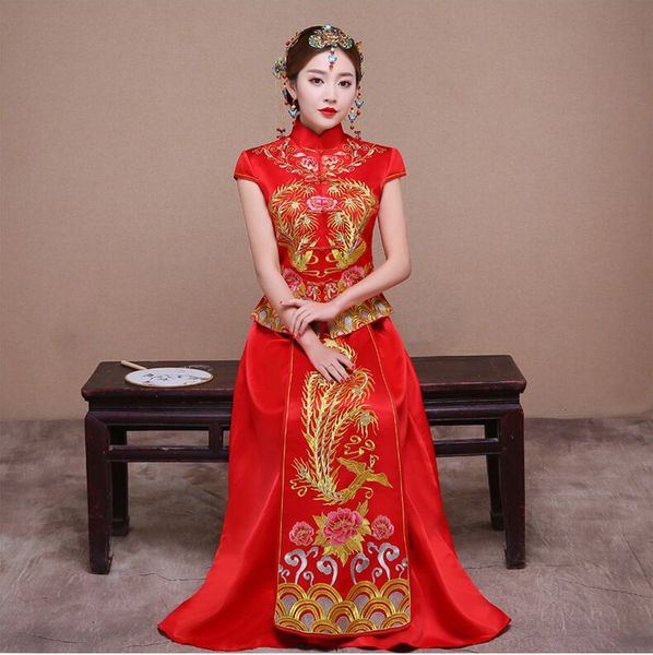 

bride fall clothes vintage chinese style wedding dress retro toast clothing embroidery phoenix gown marriage cheongsam qipao, Red