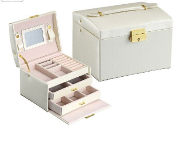 

jewelry watch storage box 3 layers earring rings organizer with mirror drawer leather princess necklace bracelet storage case cute girl gift