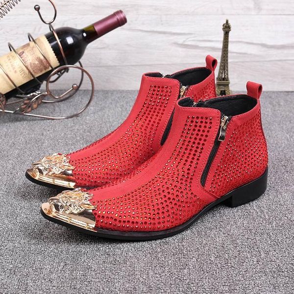 2018 Novo Zip Preto / Vermelho Bota Designer de Luxo dos homens Ankle Boot vermelho Moda Rhinestone de Metal Dedo Apontado Sapatos de Couro de Camurça Alta