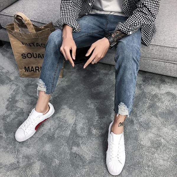 

summer new fashion trend youth style small fresh and exquisite korean models irregular hole straight jeans men's pants, Blue