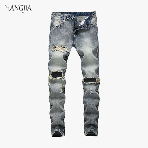 

hangjia] men's vintage slim fit ripped biker jean denim fashion hip hop washed knee hole jogger straight jeans, Blue