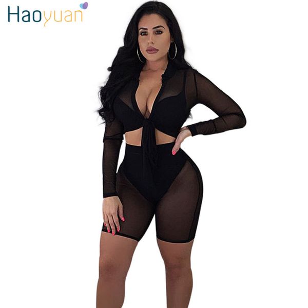 

haoyuan 2 piece set women long seleeve see through mesh crop bodycon shorts suits casual outfits two pcs matching sets, Gray