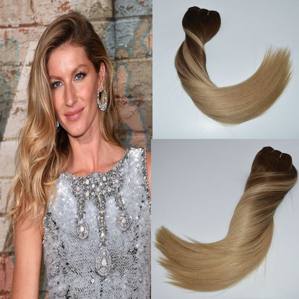 Ombre-Echthaar-Clip-in-Remi-Haarverlängerungen, Farbe Mittelbraun bis Aschblond Nr. 4, verblassend bis Nr. 18, seidig glatt, 35,6–61 cm, 120 g