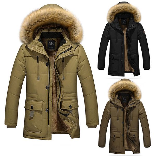 

plus size men zipper slim coats parkas coat winter thicken fleece warm overcoat fur collar hooded parka jacket outwear male 5xl, Black