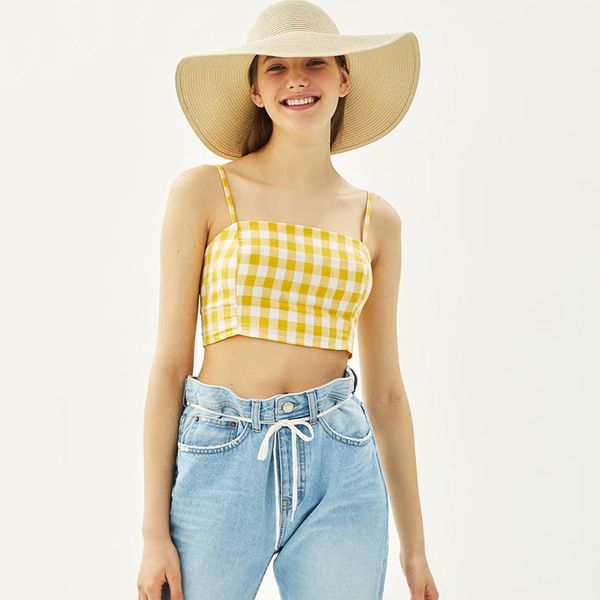

summer sweet lemon yellow plaid spaghetti strapped shirt cotton preppy style girl camis tanks beach wear, White