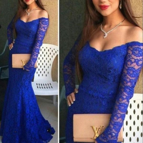 

элегантный с плеча с длинным рукавом синяя русалка кружевные платья выпускного вечера формальное повод длина пола молния v-образным вырезом, Red