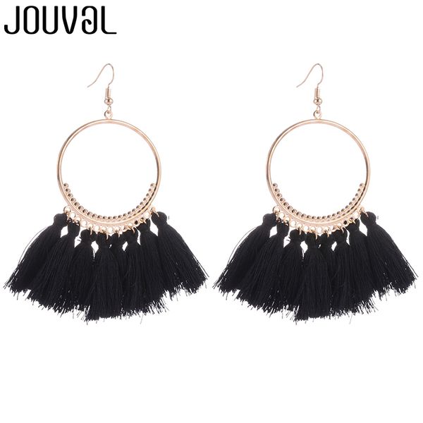 

jouval bohemia earrings tassel drop earrings for women big circle ethnic jewelry long dangle cotton tassel fringe earring female, Silver