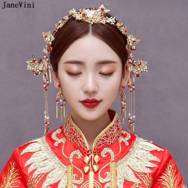 

janevini 2018 vintage chinese traditional bridal headdress hairpin women gold beaded pearls fashion headband wedding accessories, Golden;white