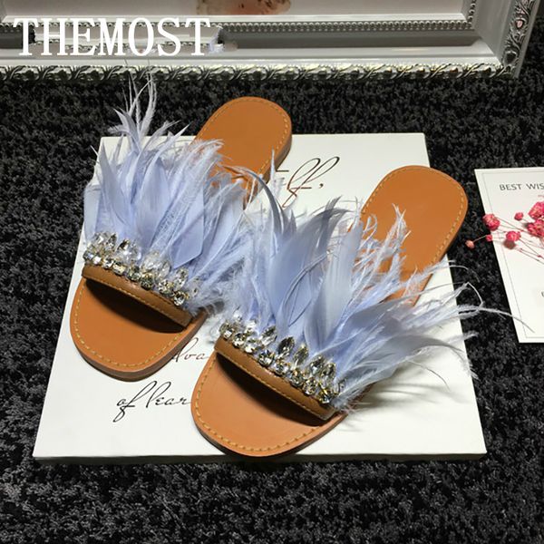 

themost womens luxury real fur feather slide sandals rhinestone embellished slip on beach shoes, Black