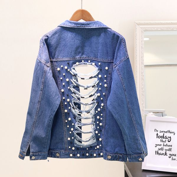 

2018 осень женщины сломанные отверстия жемчуг пальто женский свободные синий джинсовая куртка студенты свободные бисероплетение джинсы негаб, Black;brown