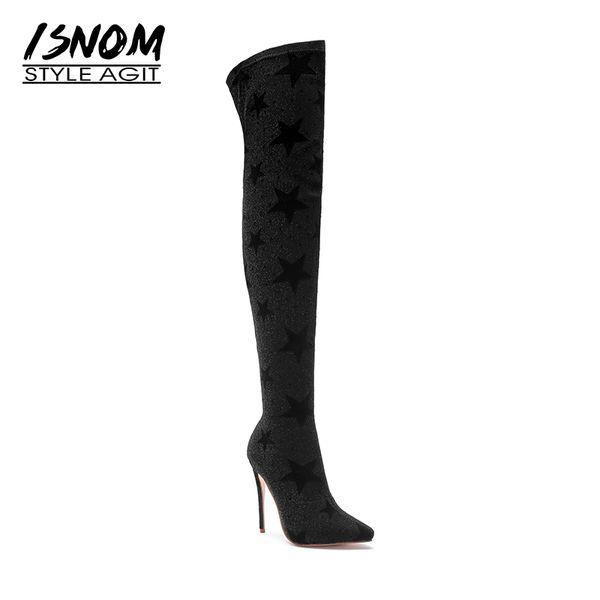 

isnom 2018 occident high heels women boots winter stretch boot pointed toe female party shoes over the knee warm footwear, Black