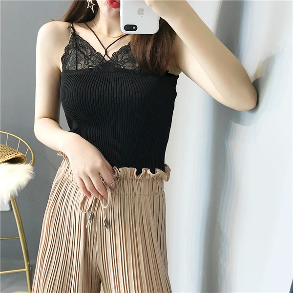 

women knitting solid v-neck camis sleeveless tee shirts girls solid knitwear patch lace neck edge 2-side wear, White