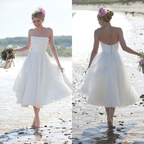 

white short beach wedding dresses a line plus size strapless tea length bridal gowns simple boho summer holiday wedding guest