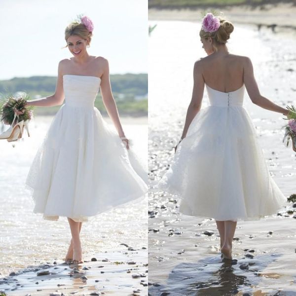 Discount White Cheap Best Short Beach Wedding Dresses A Line Plus Size Strapless Tea Length Bridal Gowns Simple Boho Summer Holiday Wedding Guest Lace