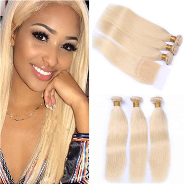 

straight #613 blonde russian human hair bundle deals 3pcs with 4x4 lace closure 4pcs lot blach blonde virgin hair weaves with closure, Black;brown