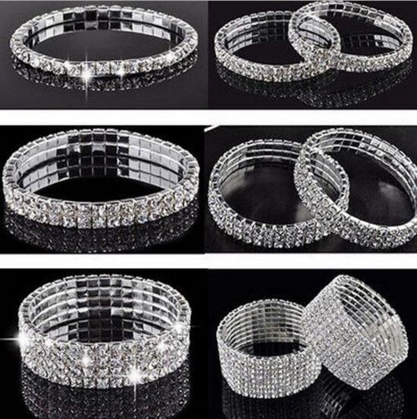 

one to eight rows silver rhinestone bridal jewelry stretch bangle prom evening wedding party bracelet accessories, White