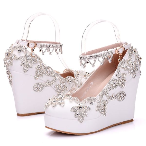 

new crystal chain round toe shoes for women white heels fashion platform beading wedding shoes wedge heel shoes plus size bridal heels, Black